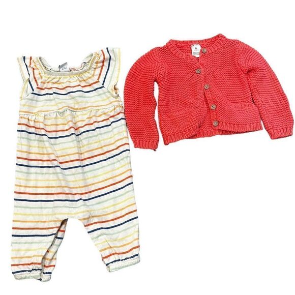 Old Navy Carters Rainbow Striped Romper Cardigan Outfit Sz 3-6 Months Set - Picture 1 of 6